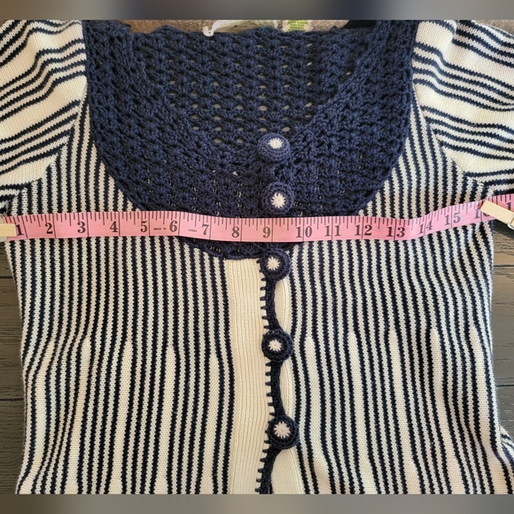 ANTHROPOLOGIE SPARROW SZ S Blue & Ivory Striped Cardigan Sweater Crochet Trim - Picture 8 of 10